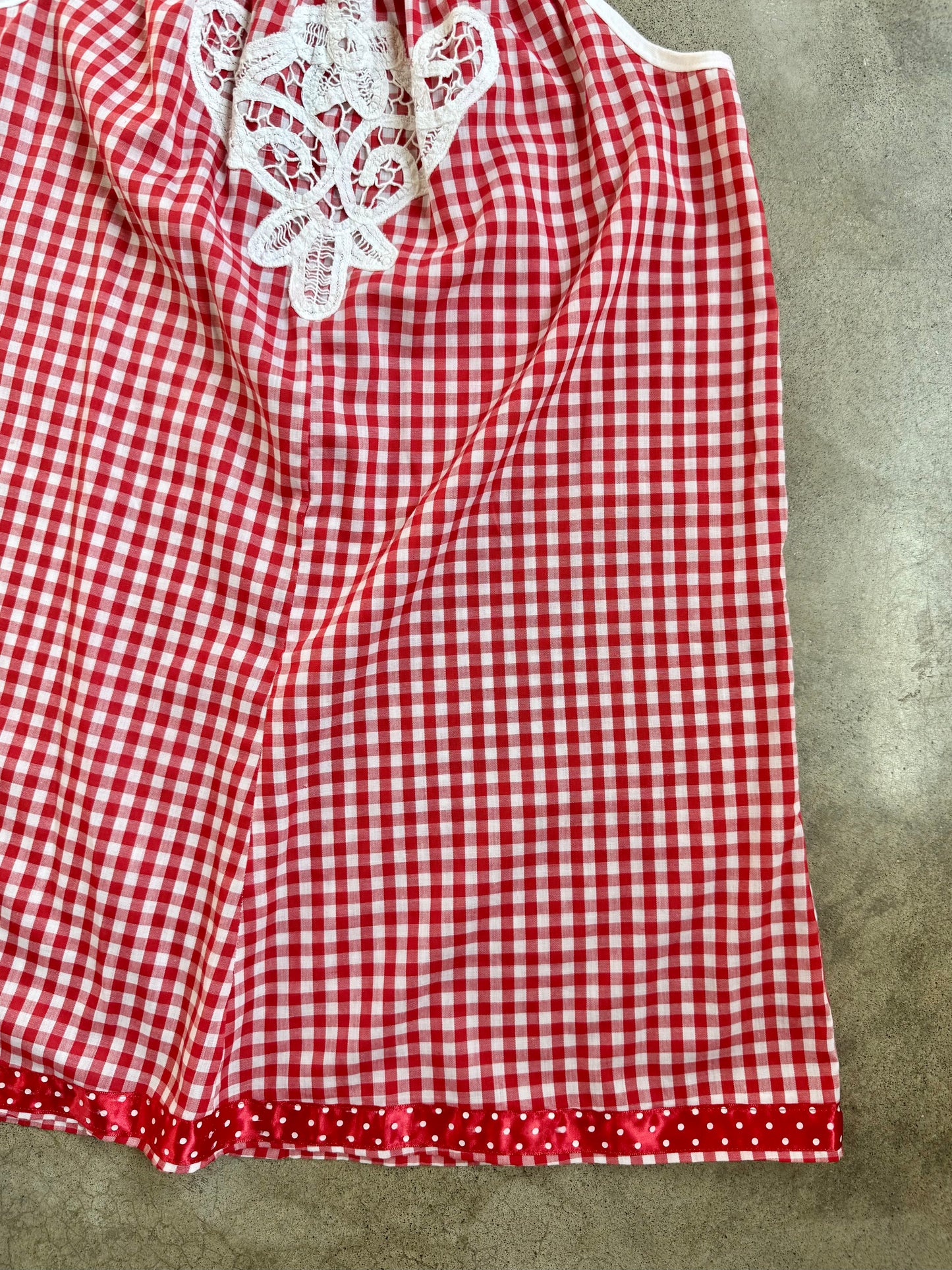 Vintage 1960s Handmade Red Gingham Floral Appliqué Mini Dress | XS/S