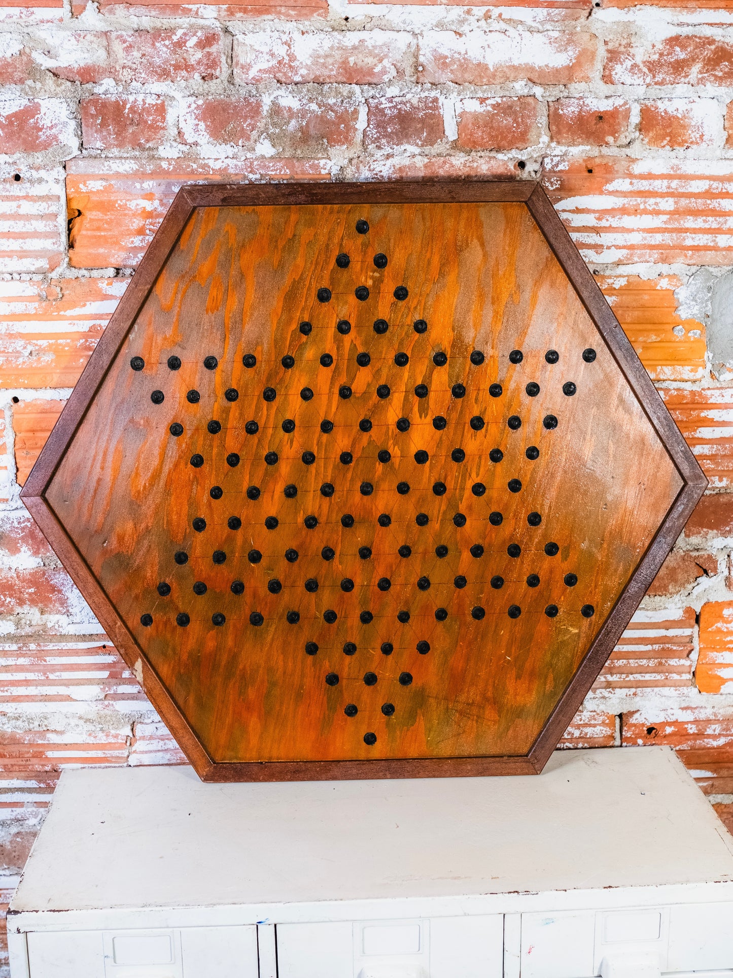Vintage Large Wooden Hexagonal Two-Sided Checkers Game Board