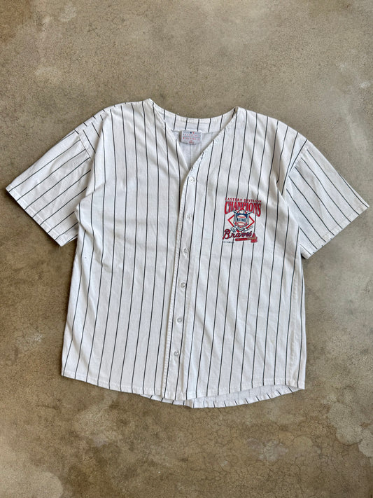 Vintage 1990s Logo 7 Atlanta Braves Pinstripe Cotton Baseball Jersey | XL