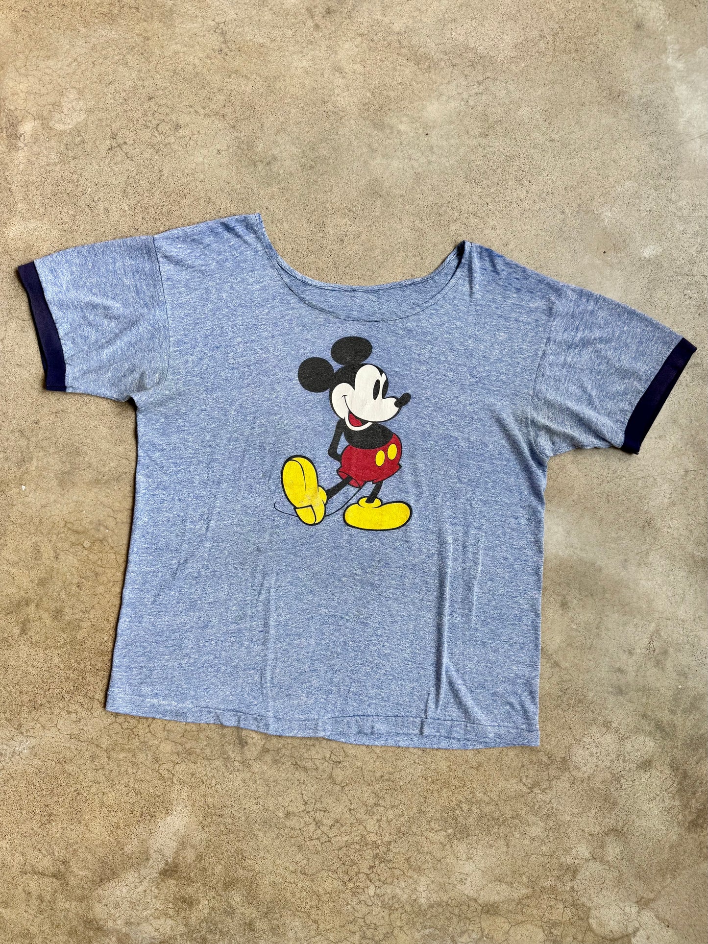 Vintage 1970s Blue Mickey Mouse Graphic Reworked Wide Neck Tee | XL