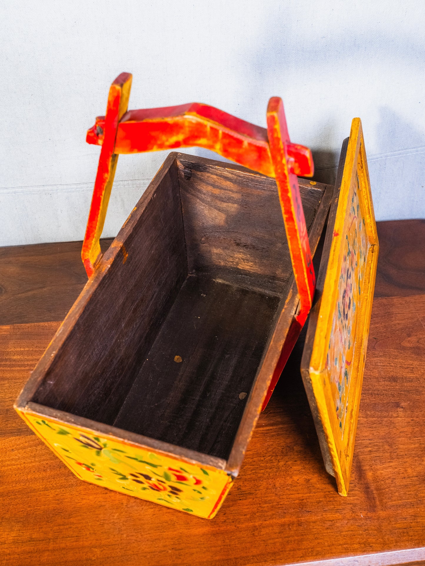 Antique Chinese Wood Red & Yellow Floral Painted Wedding Basket