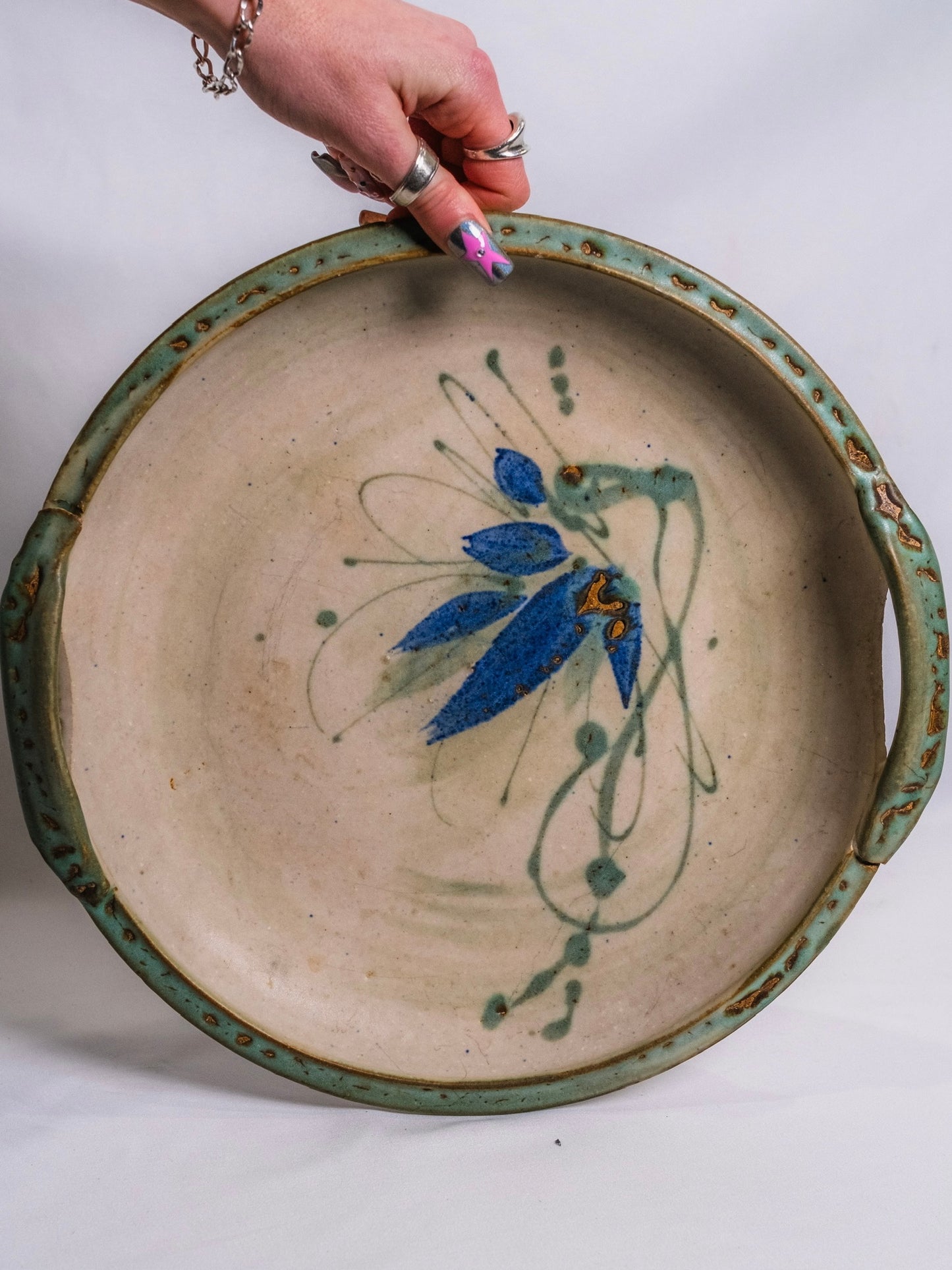 Vintage 1990s Handmade Signed Studio Pottery Lily Pattern Handled Dish