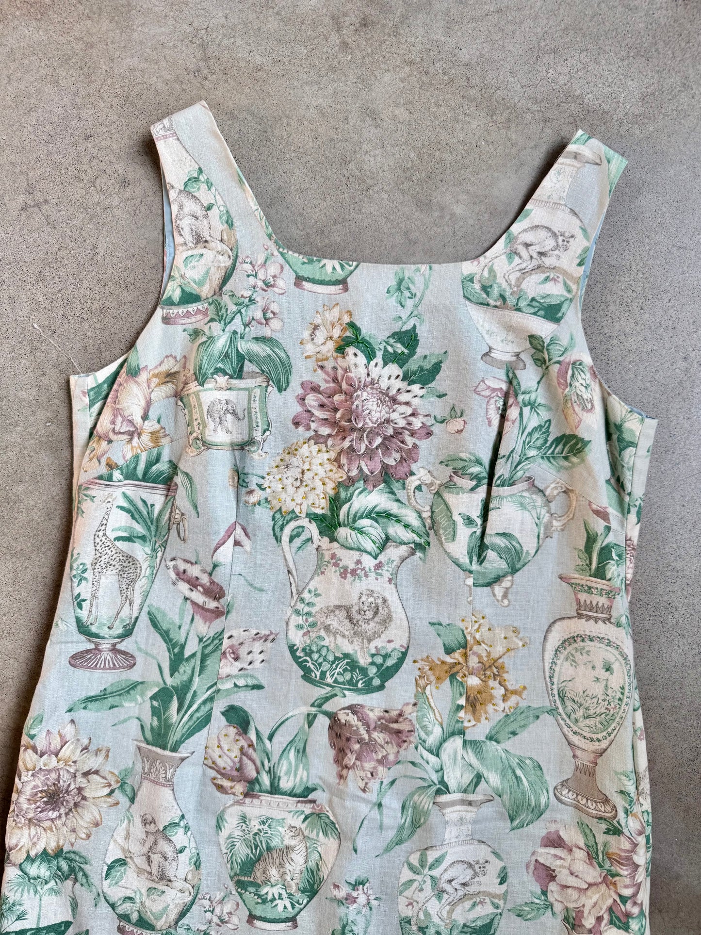 Vintage 1990s Virgo Beaded Chinoiserie-Style Botanical & Safari Animal Print Sheath Dress | XL