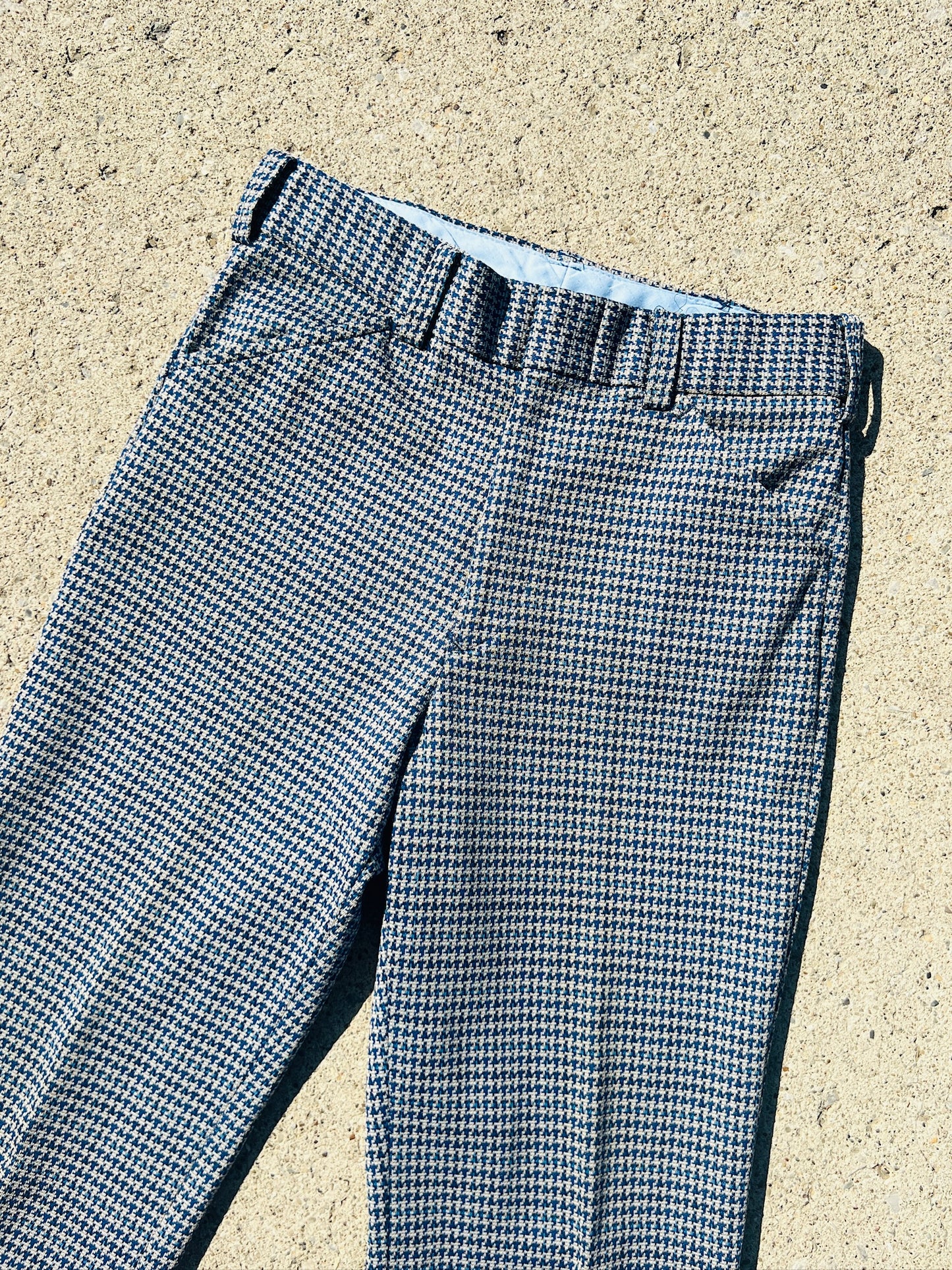 Vintage 1970s Blue Houndstooth Polyester Knit Pants