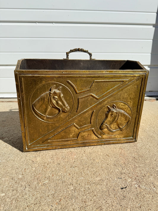 Vintage 1950s Brass & Wood Horse Magazine Holder