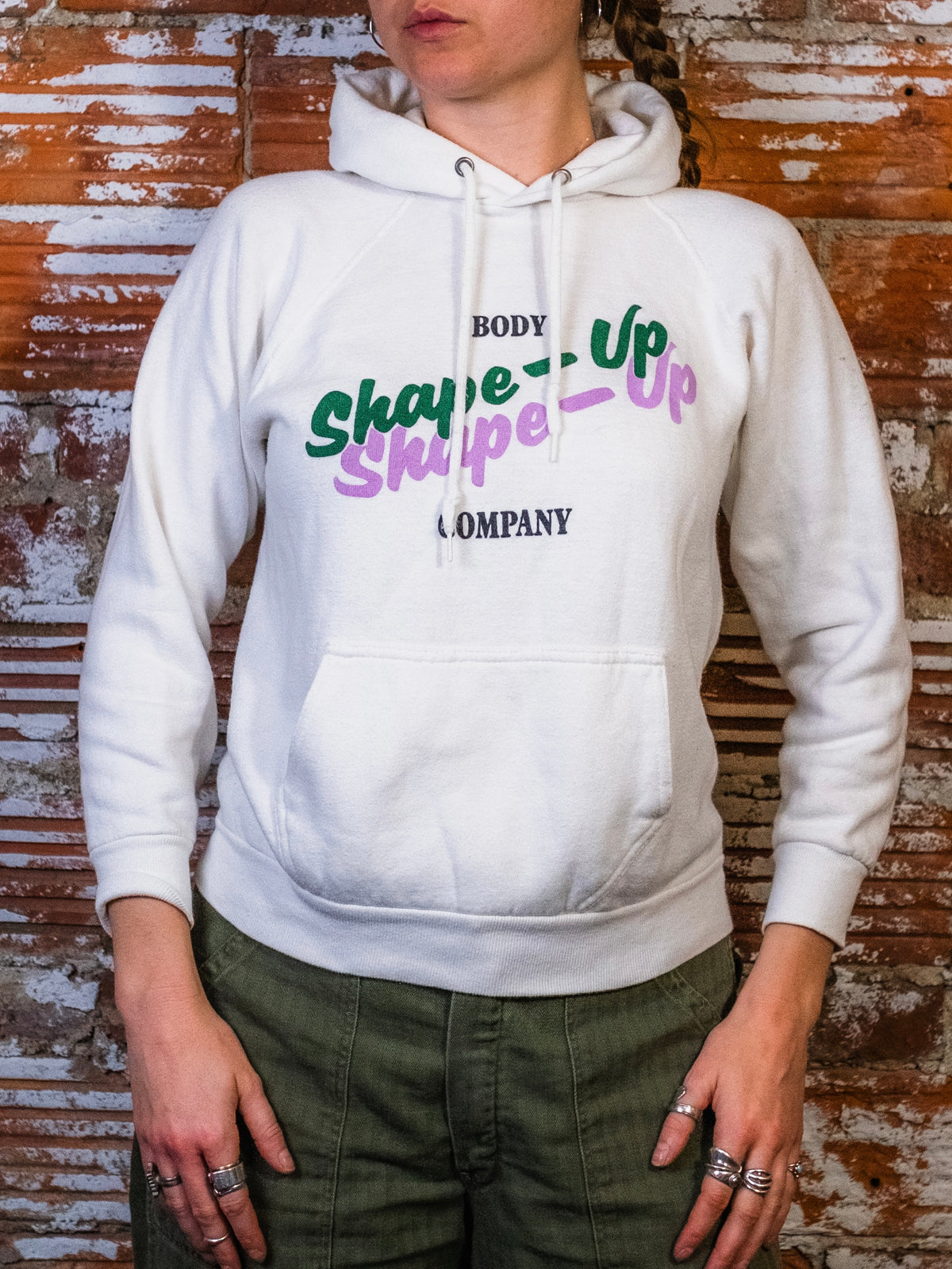 Vintage 1970s/80s Shape-Up Company White Raglan Hooded Sweatshirt | Medium