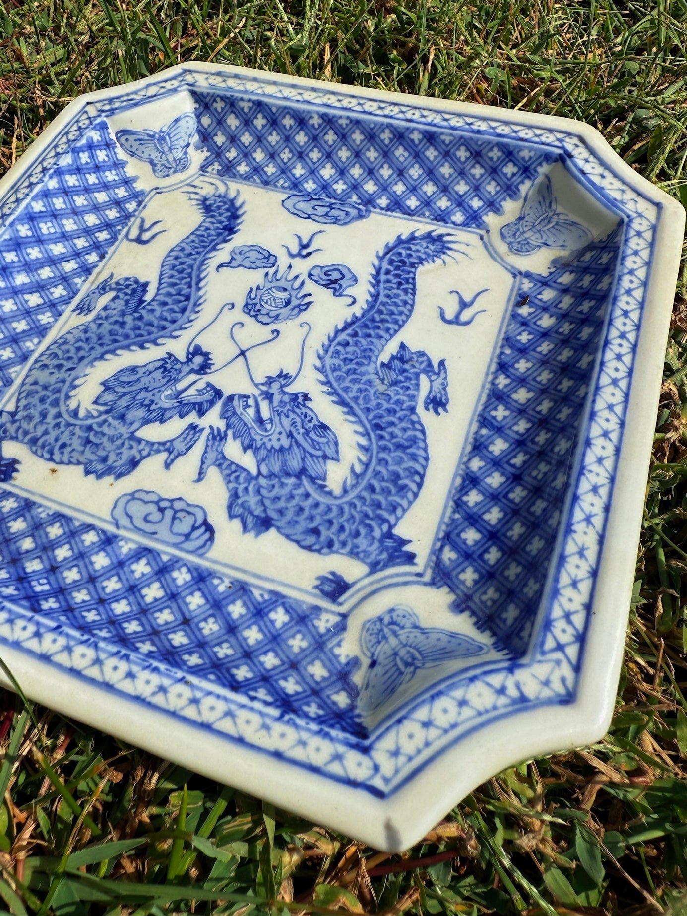 Vintage 1970s Blue & White Porcelain Twin Dragons Decorative Plate