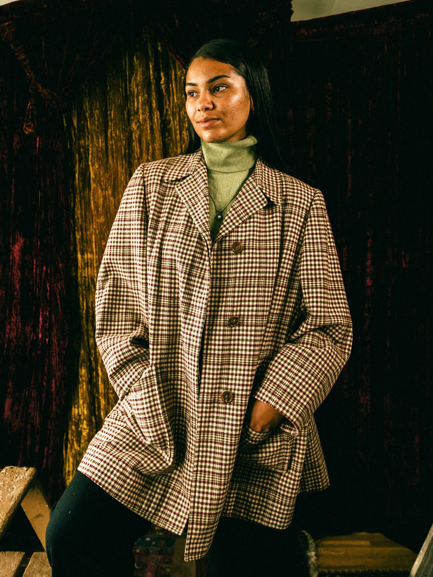 Vintage 1950s Chester Barrie Burgundy & Green Plaid Short Wool Overcoat | L/XL