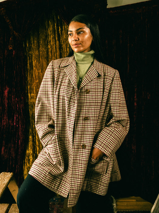 Vintage 1950s Chester Barrie Burgundy & Green Plaid Short Wool Overcoat | L/XL