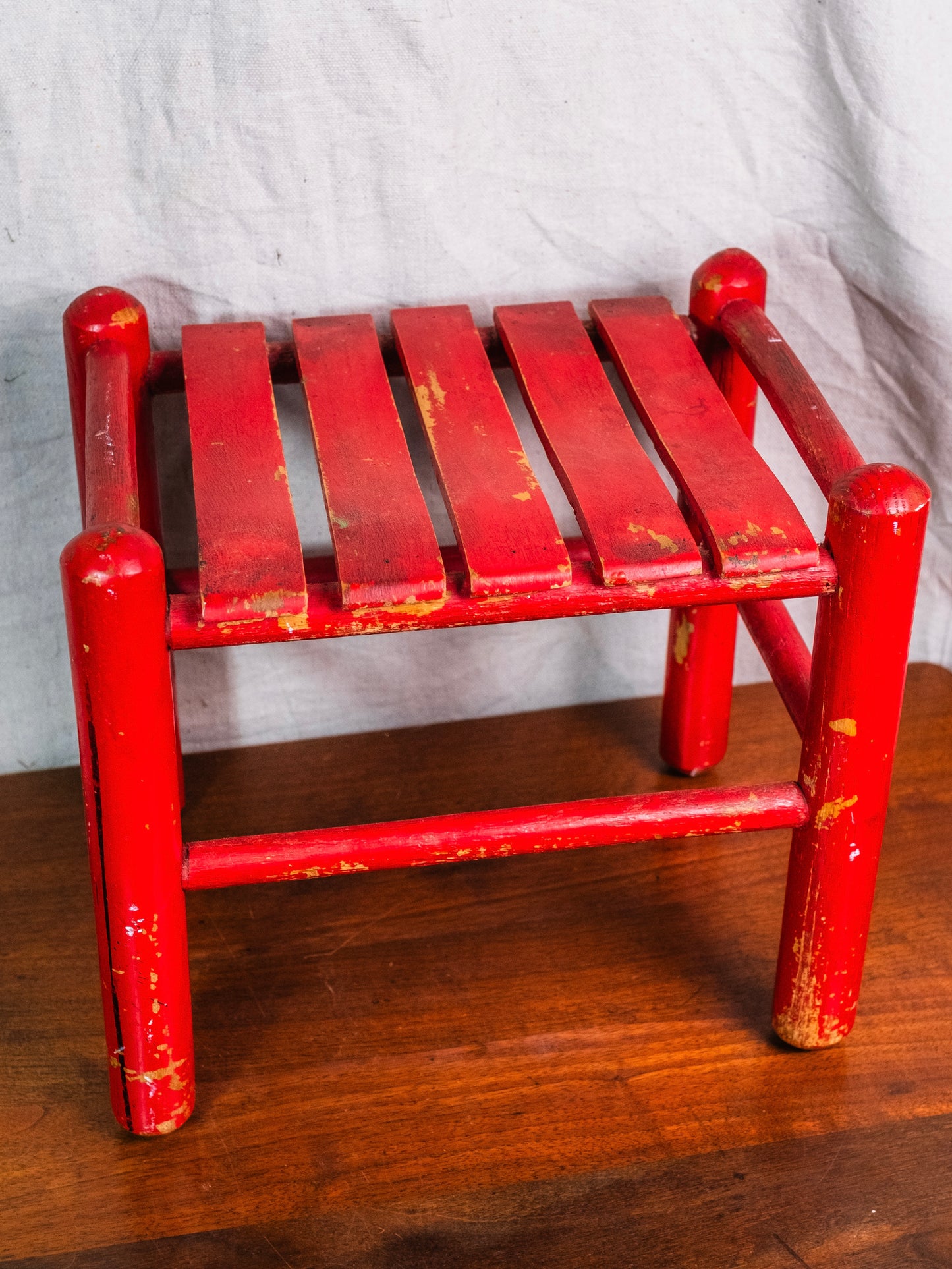 Vintage Farmhouse-Style Red Wood Slat Footstool