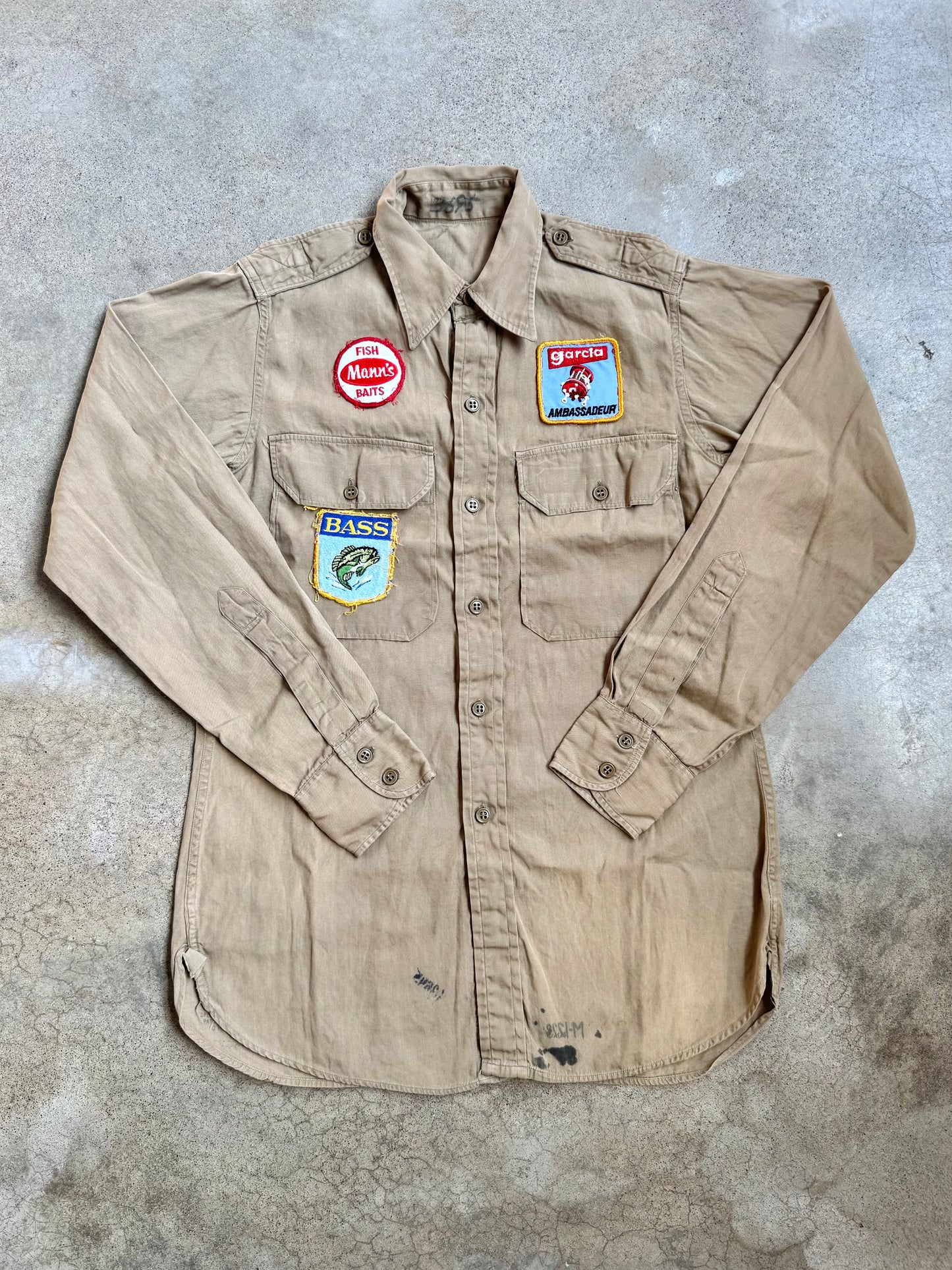 Vintage 1940s Military Issue Khaki Poplin Utility Shirt w/ Fishing Patches | Small