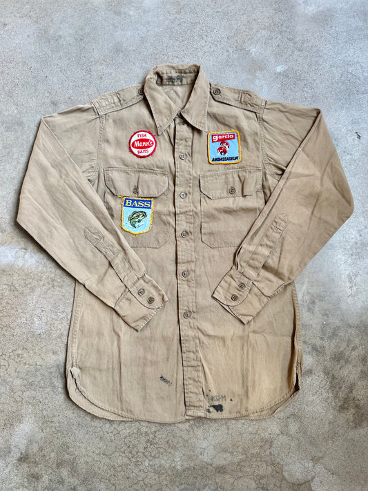 Vintage 1940s Military Issue Khaki Poplin Utility Shirt w/ Fishing Patches | Small