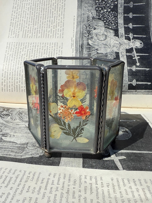Vintage 1980s Metal & Glass Pressed Flower Tea Light Holder