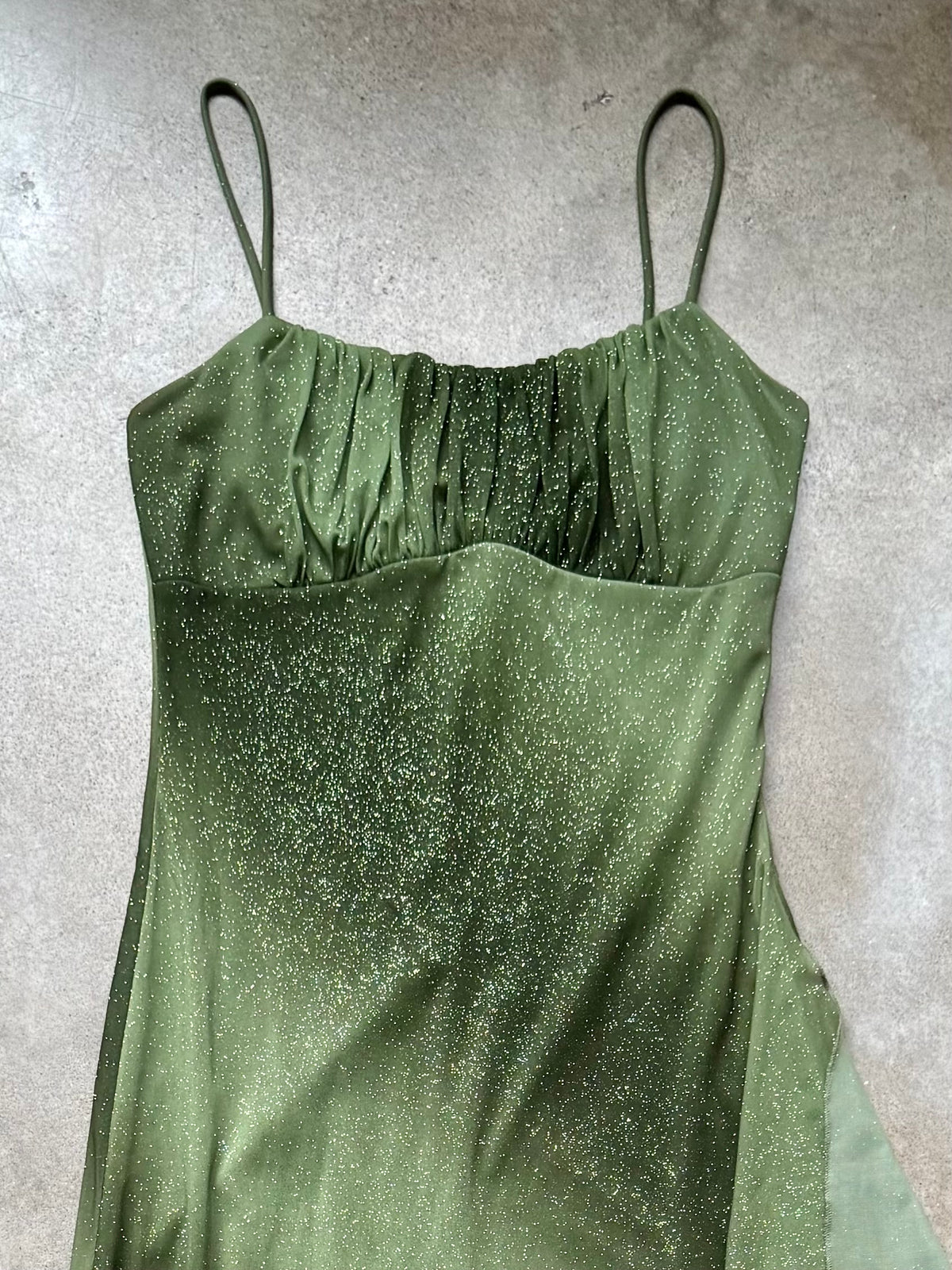 Vintage 1990s Taboo Green Sparkle Cascading Ruffle Maxi Dress | Medium
