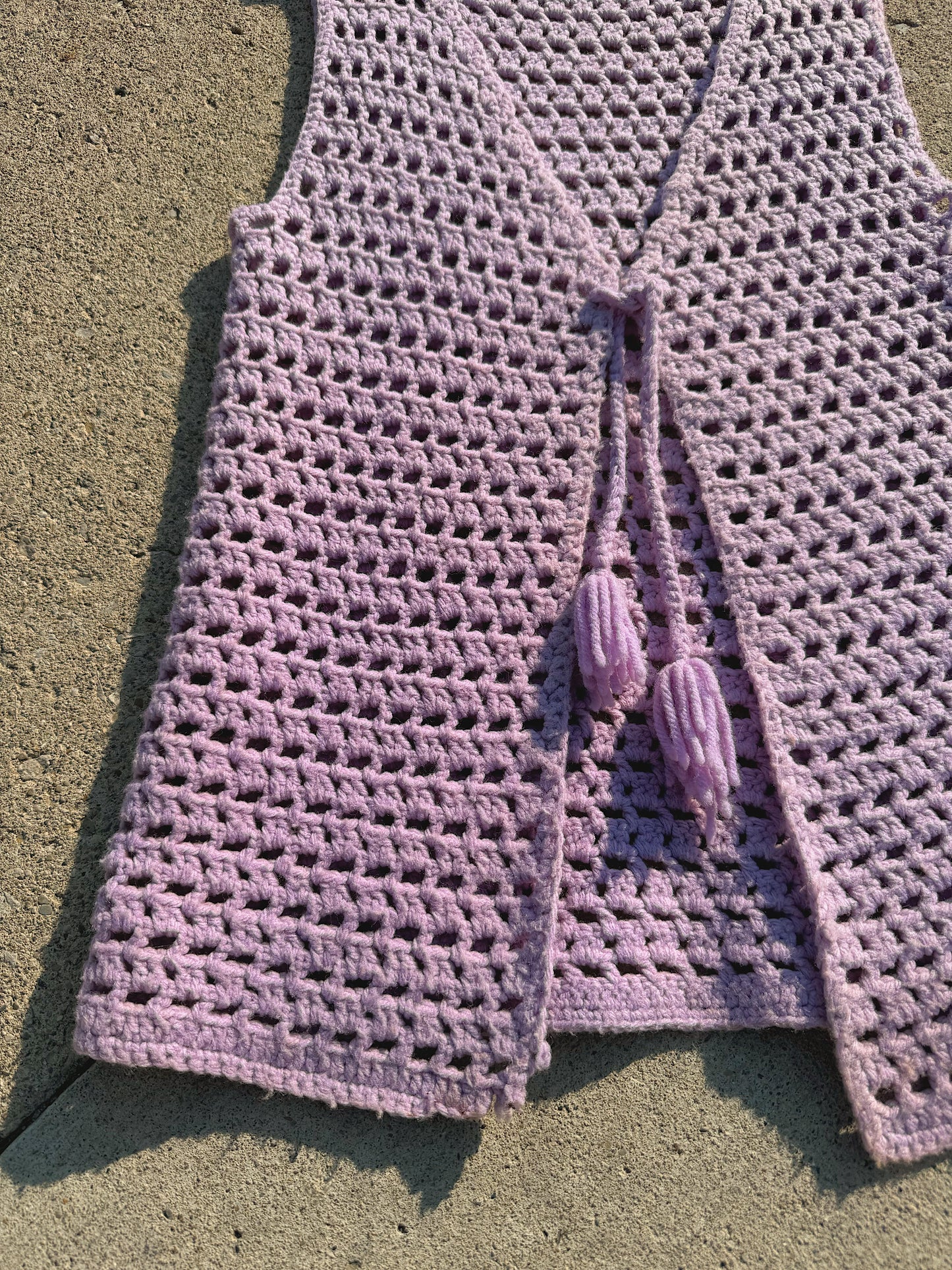 Vintage 1970s Handmade Purple Tassel Tie Crochet Vest