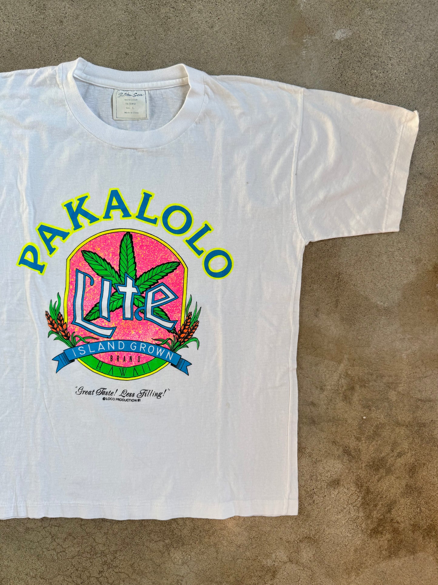 Vintage 1991 Pakalolo Lite Hawaii White Cotton Graphic Tee | Large