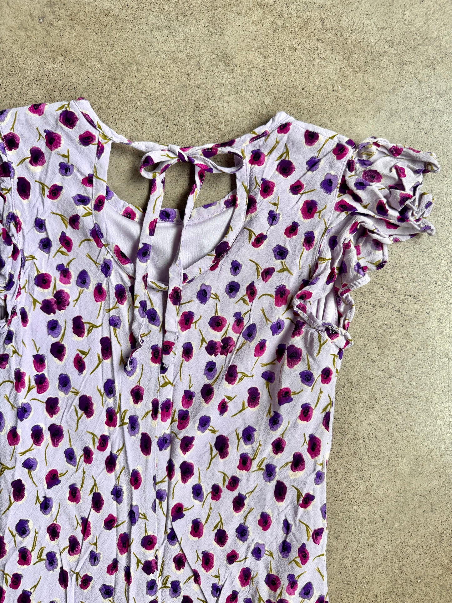 Vintage 1990s Plum Lavender Floral Print Flutter Sleeve Dress | XS