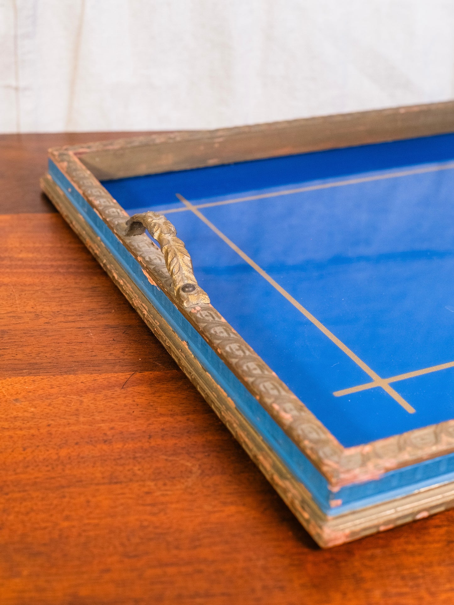 Antique 1920s Blue Reverse Painted Metal Handle Serving Tray