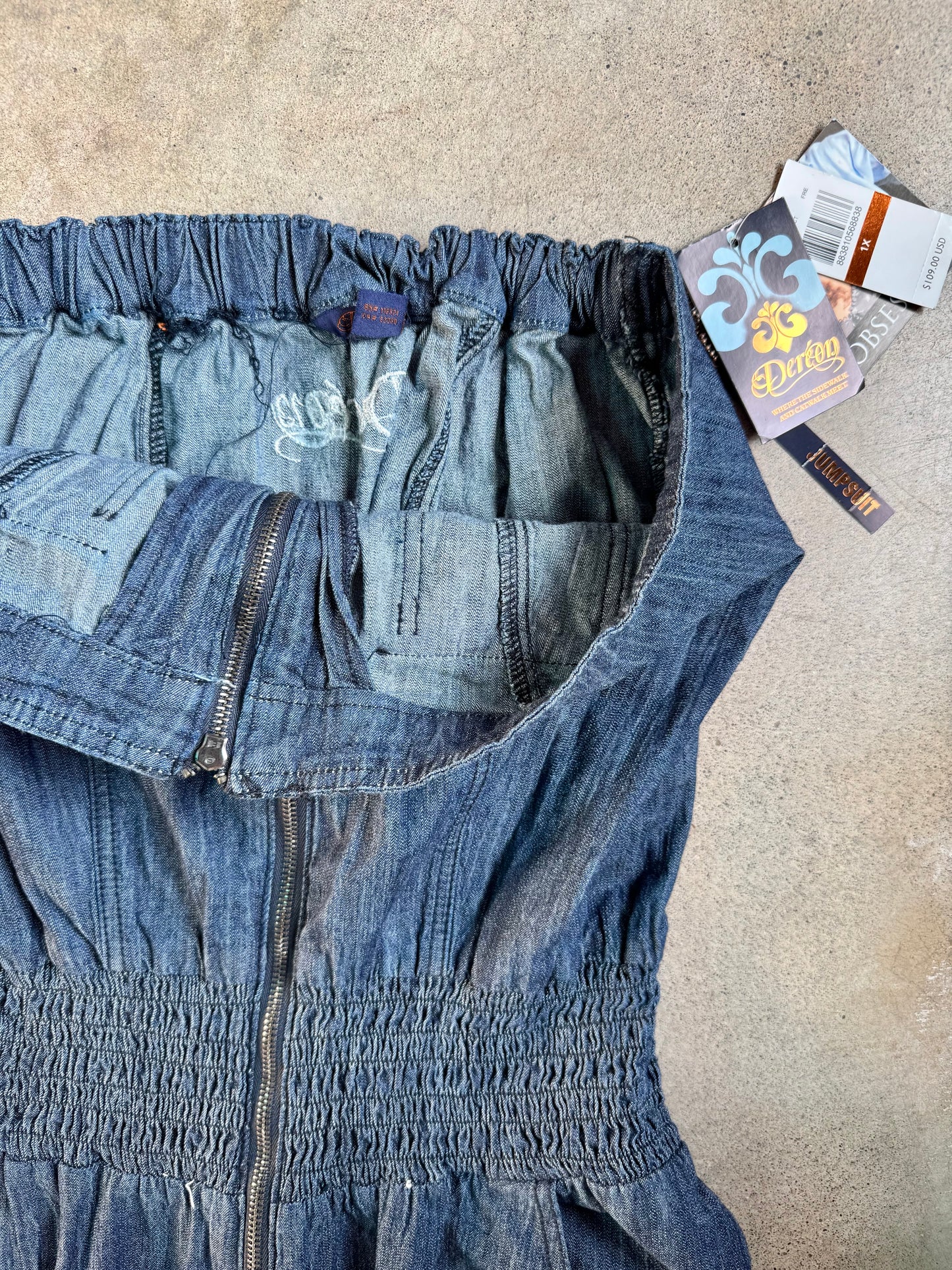 2000s Deréon Zip-Front Strapless Utility-Style Denim Jumpsuit | 1X