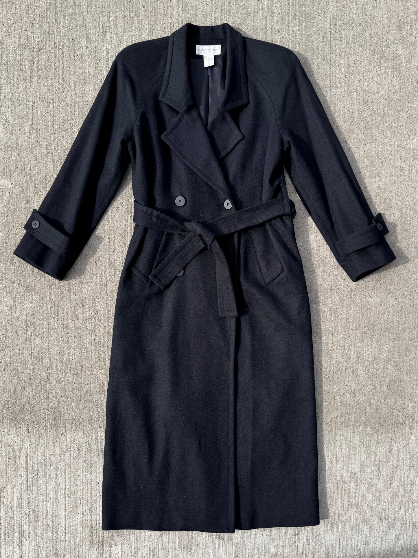 Vintage 1990s Casual Corner Black 100% Wool Belted Trench Coat | XS