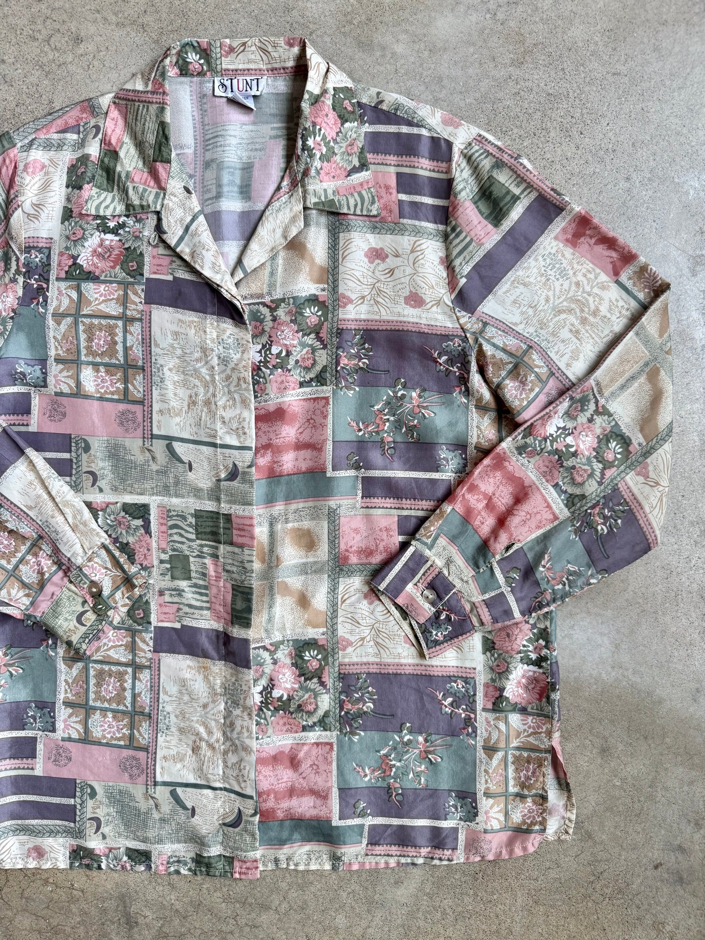 Vintage 1980s Stunt Floral Patchwork Printed Silk Blouse | Medium