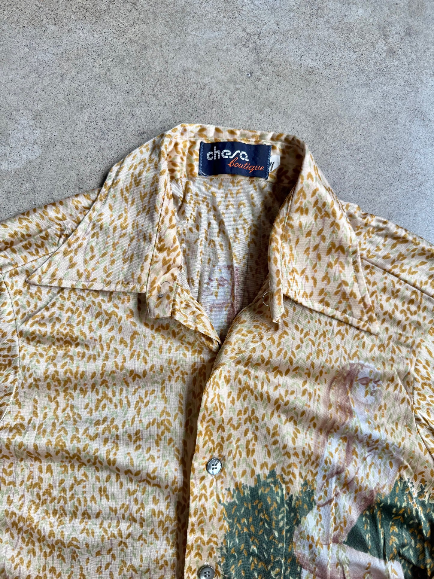 Vintage 1970s Chesa Boutique “Garden Goddess” Leaf Printed Disco Shirt | Medium