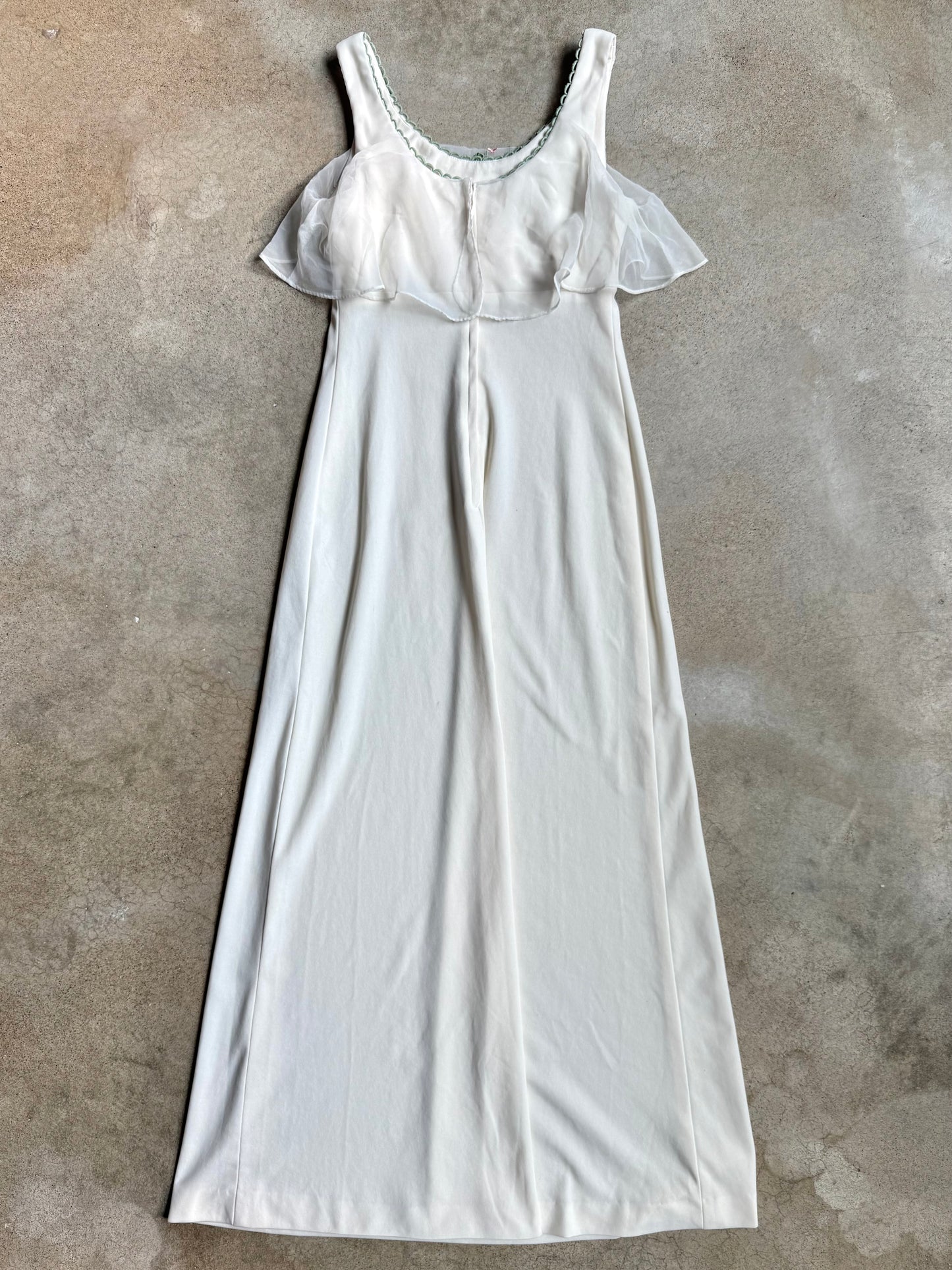Vintage 1970s Handmade Cream Floral Embroidered Maxi Dress | Small