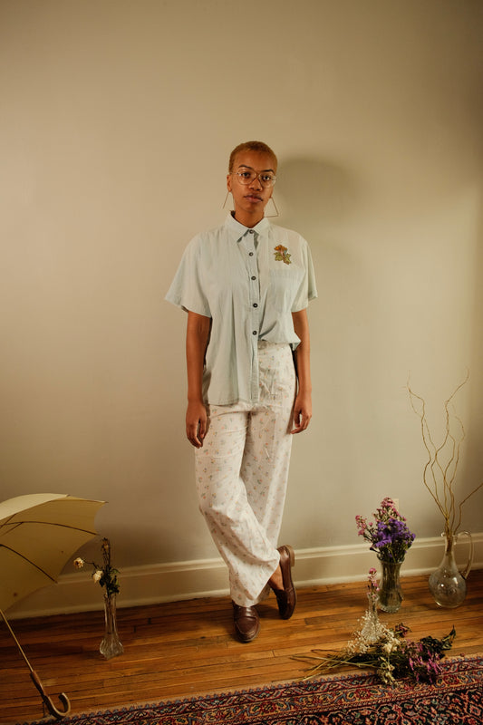 Vintage Handmade White Floral Cotton Pants | Waist 28”