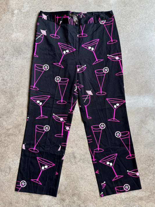 2000s Randi M. Black & Pink Martini Cocktail Printed Pants | Waist 32”