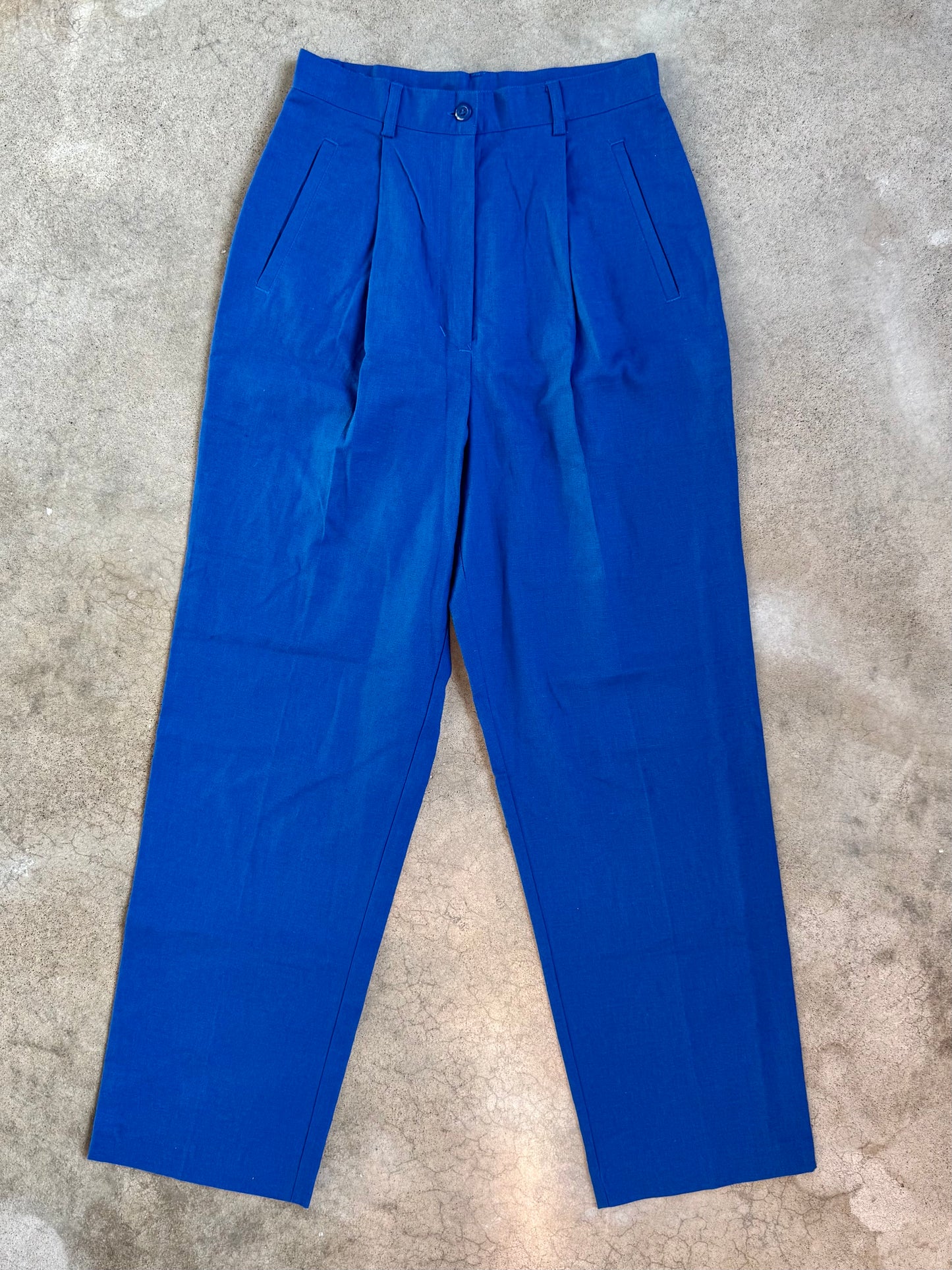 Vintage 1990s Adolfo Studio Cobalt Blue Linen & Cotton High-Waist Trousers | Waist 27”