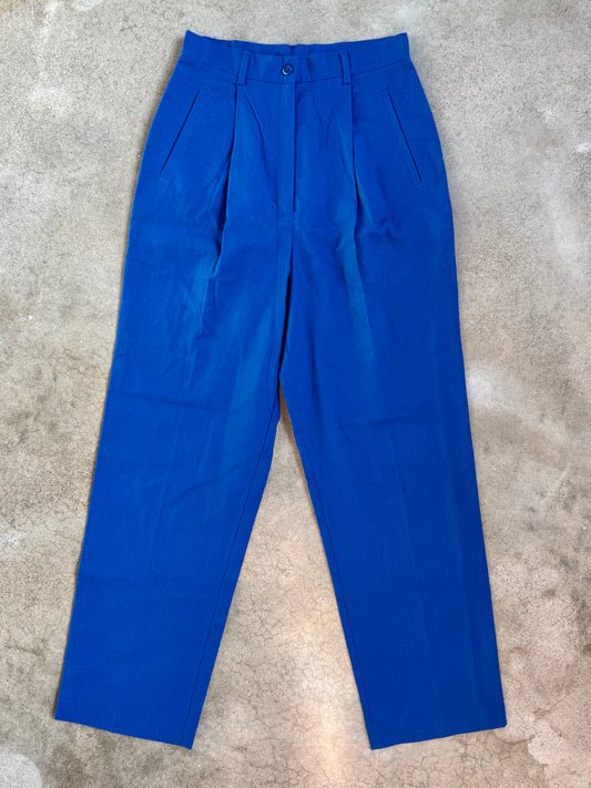 Vintage 1990s Adolfo Studio Cobalt Blue Linen & Cotton High-Waist Trousers | Waist 27”