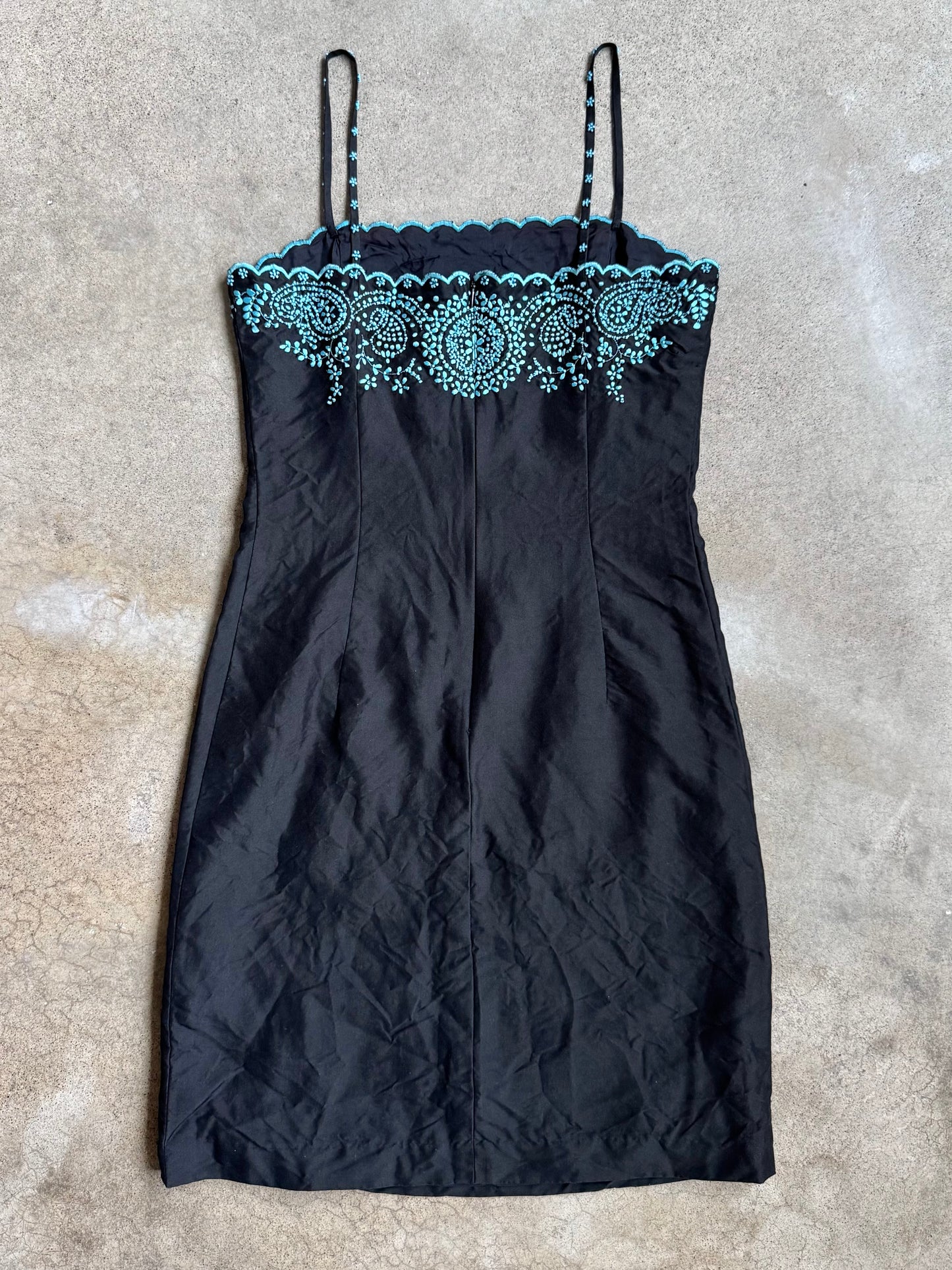 2000s Ann Taylor Black & Blue Embroidered Floral Beaded Silk Dress | XS