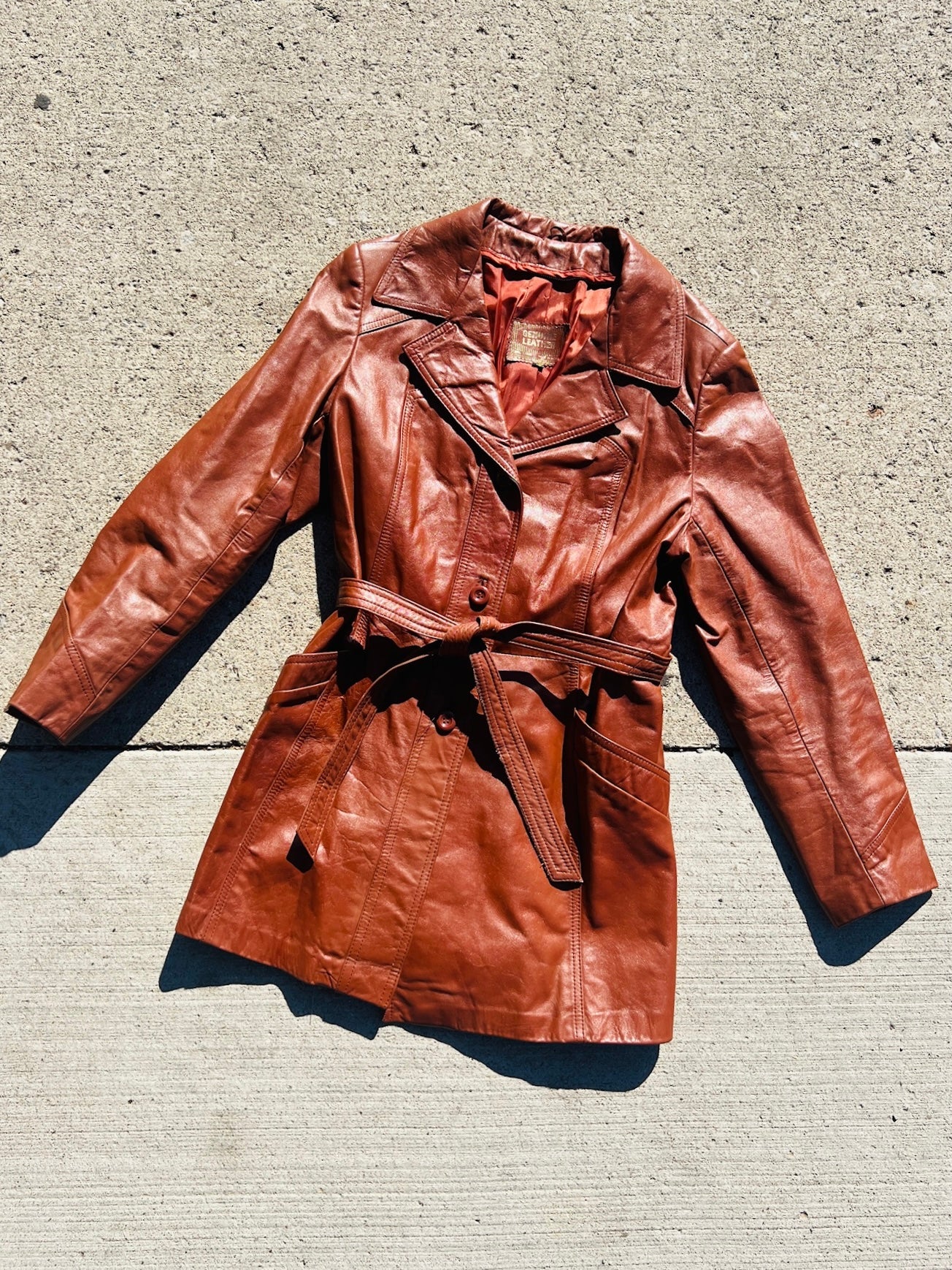 Vintage 1970s Cognac Brown Tie Waist Leather Jacket | M/L