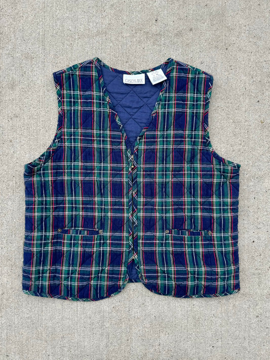 Vintage 1990s Casey & Max Plaid Quilted Cotton Zip-Up Vest | XL