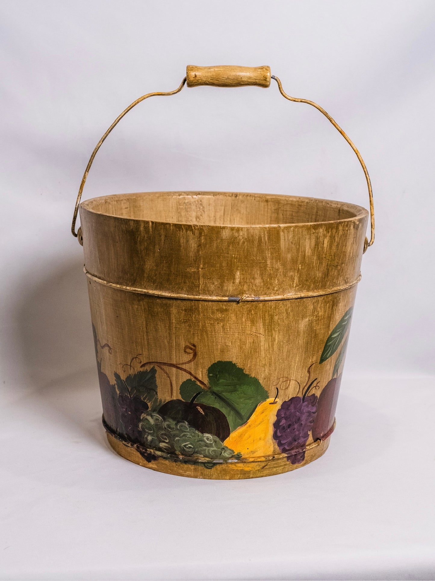 Vintage 1960s Handmade & Hand-Painted Tole Pattern Primitive Bucket w/ Handle