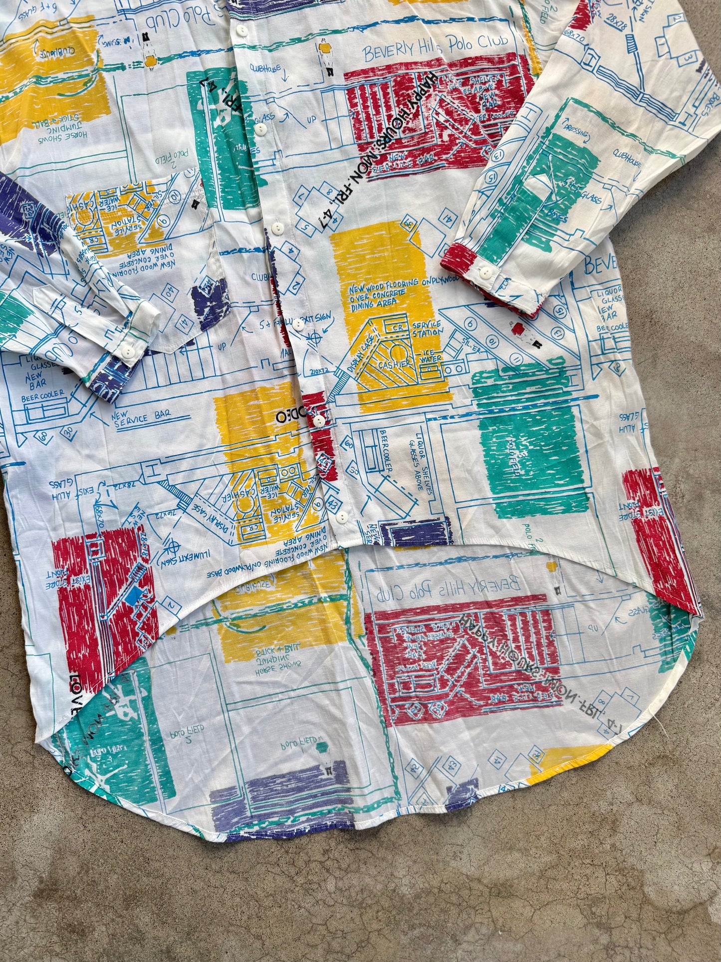 Vintage 1980s Beverly Hills Polo Club Retro Blueprint Collared Shirt | Medium