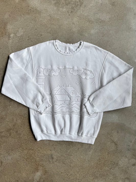 2000s White Lace Lighthouse Scene Frilled Crewneck Sweatshirt | Medium