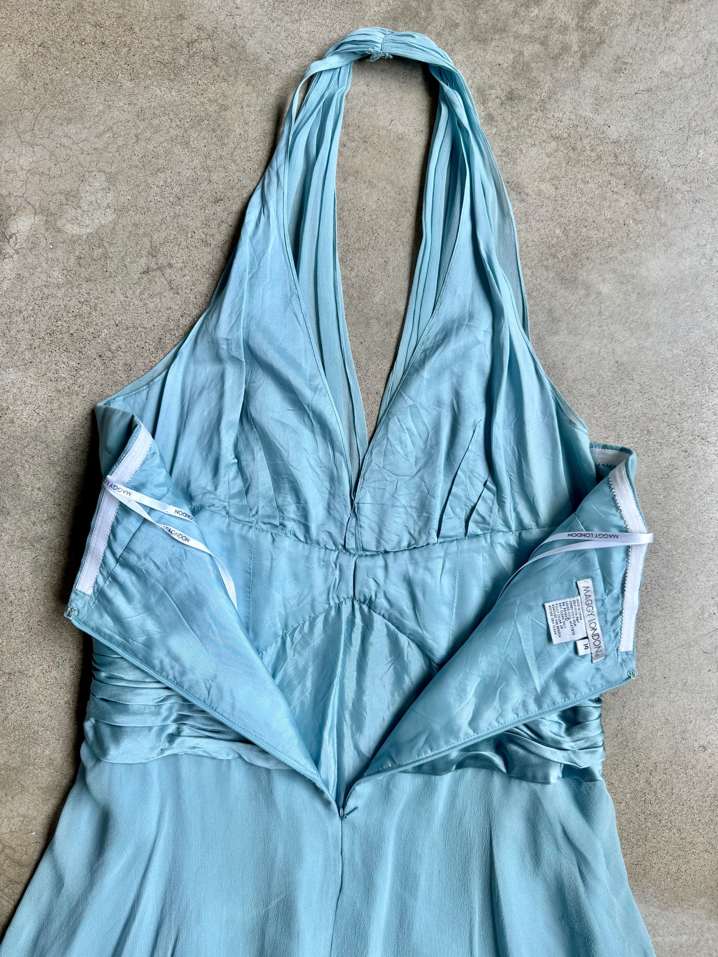 Vintage 1990s Maggy London Baby Blue Silk Halter Dress | Large