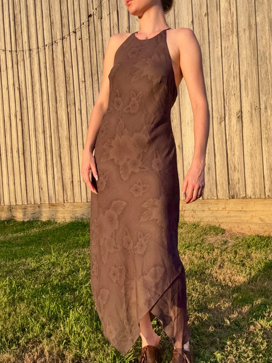 Vintage 1990s CDC Deep Purple Floral Chiffon High-Neck Maxi Dress | Medium