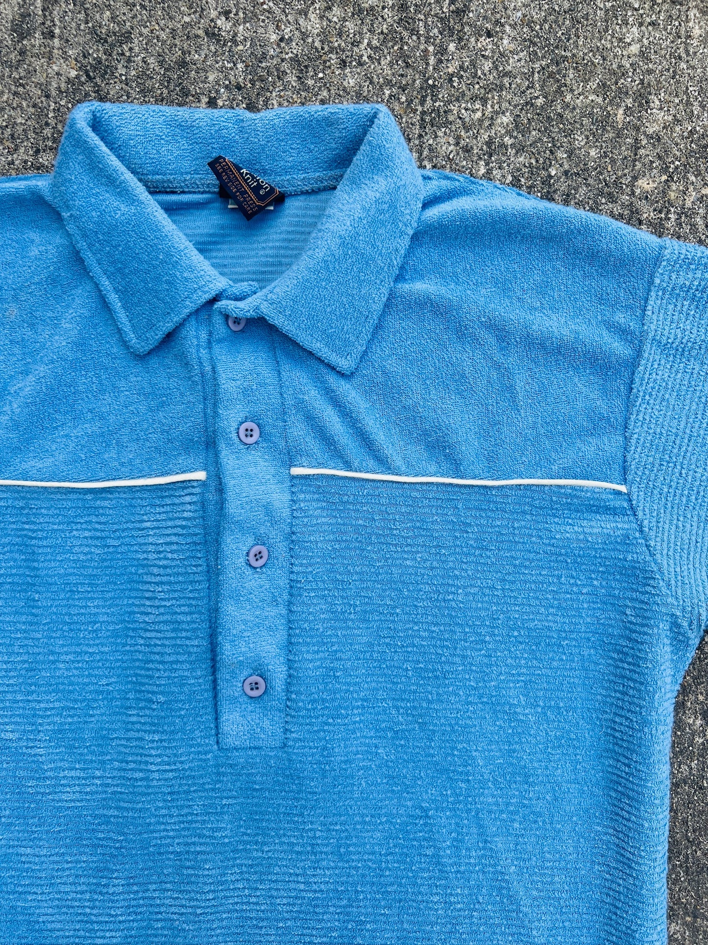 Vintage 1970s Bruxton Knit Blue Terrycloth Short Sleeve Polo