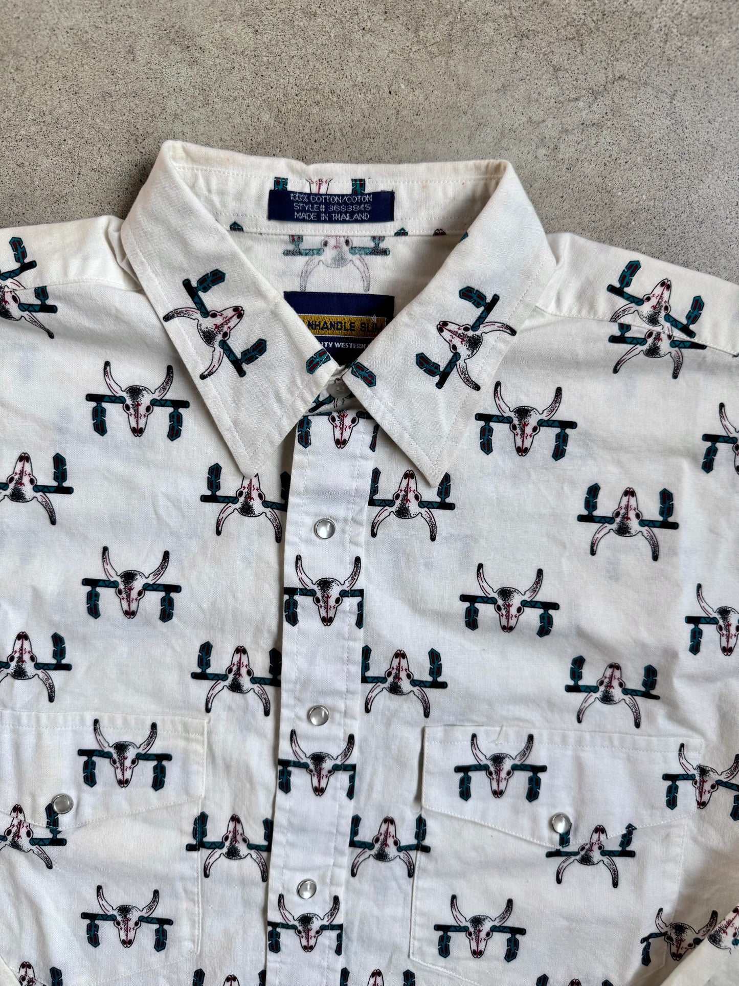 Vintage 1980s Panhandle Slim Western Bull Skull Pearl Snap Shirt | Medium