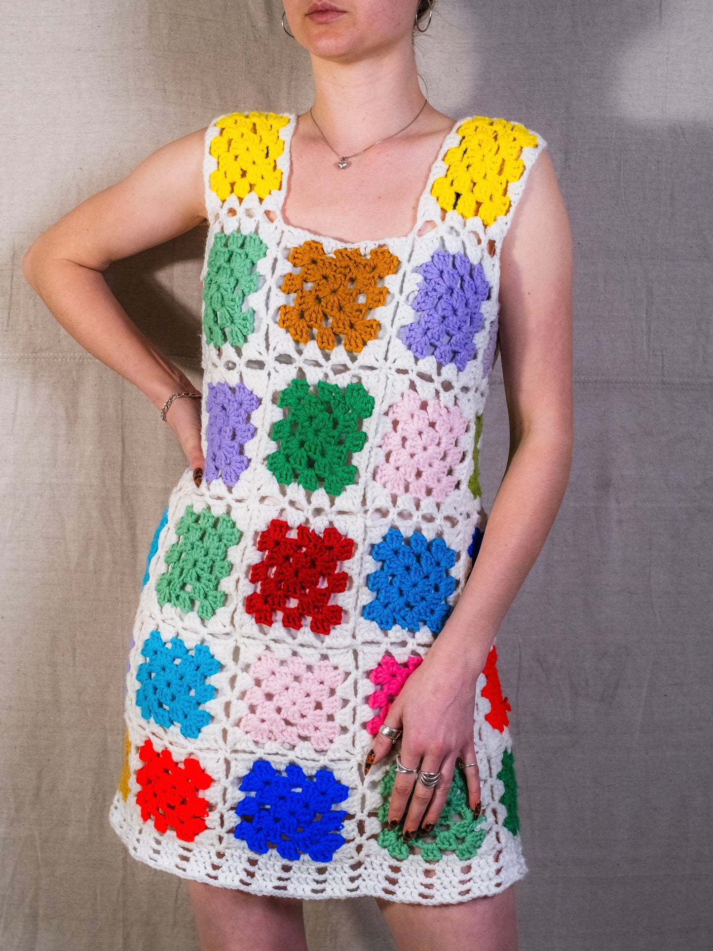 Vintage 1970s Handmade Granny Square Crochet Mini Dress | Medium