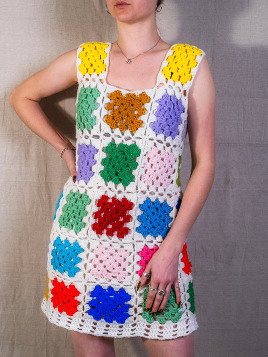 Vintage 1970s Handmade Granny Square Crochet Mini Dress | Medium