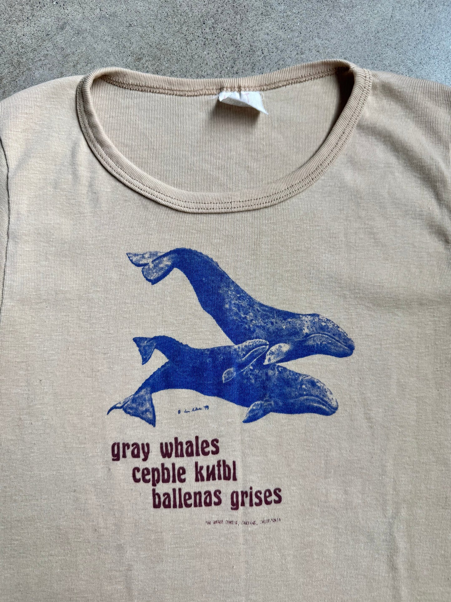 Vintage 1970s Lady-T by Stedman Tan "Gray Whales" Fitted Graphic Tee | Large