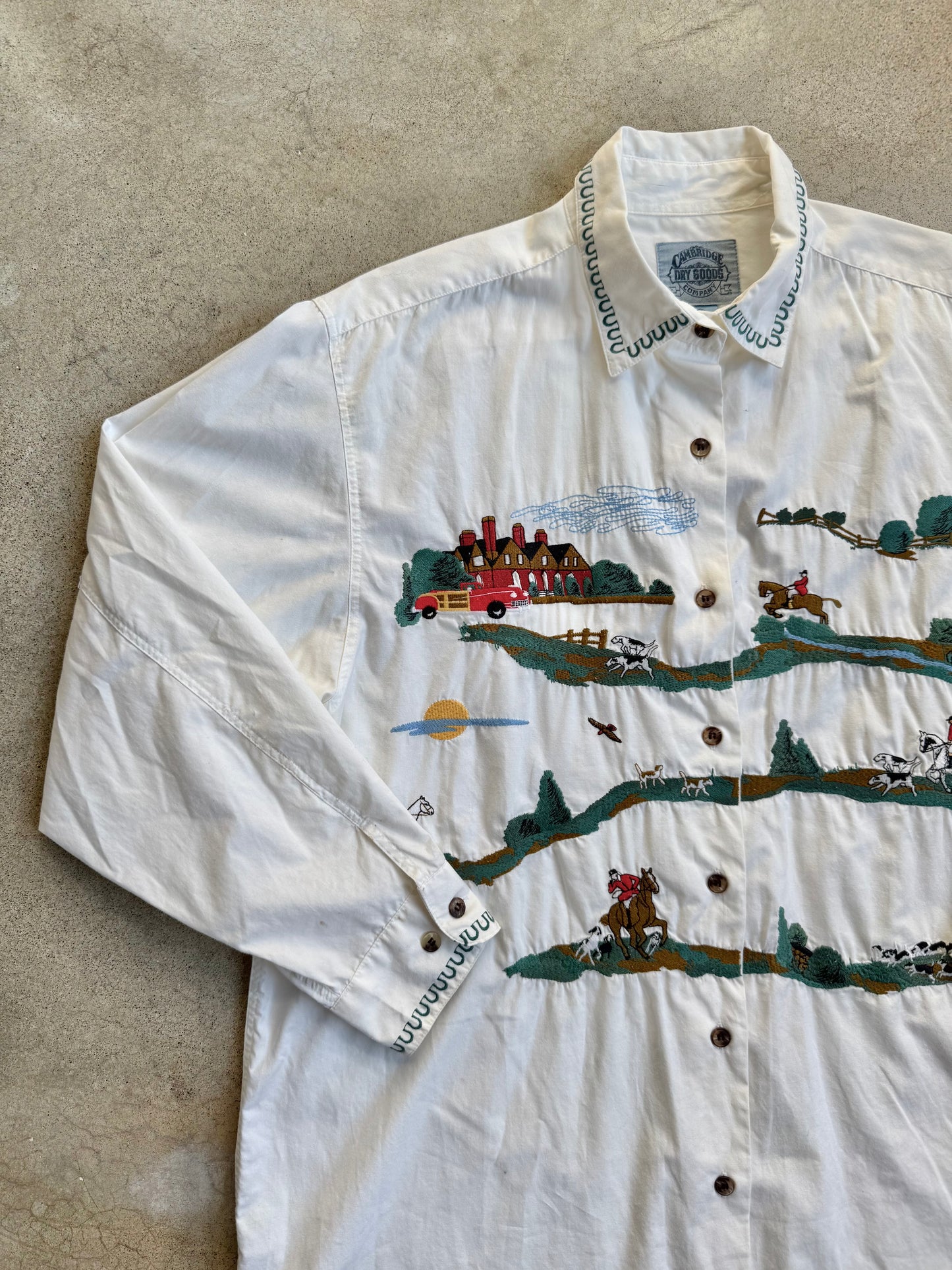 Vintage 1980s Cambridge Dry Goods Equestrian Embroidered Button-Up Shirt | M/L