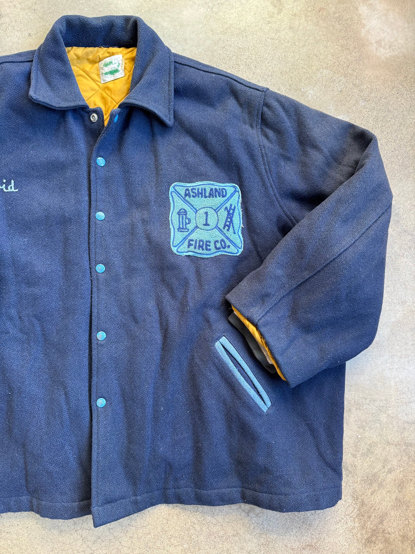 Vintage 1950s Blue Wool Ashland Fire Co. "David" Chainstitch Jacket | 4XL