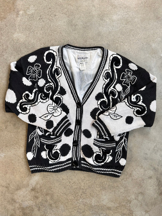 Vintage 1980s No! Jeans Black & White Floral Pattern Cardigan | One Size