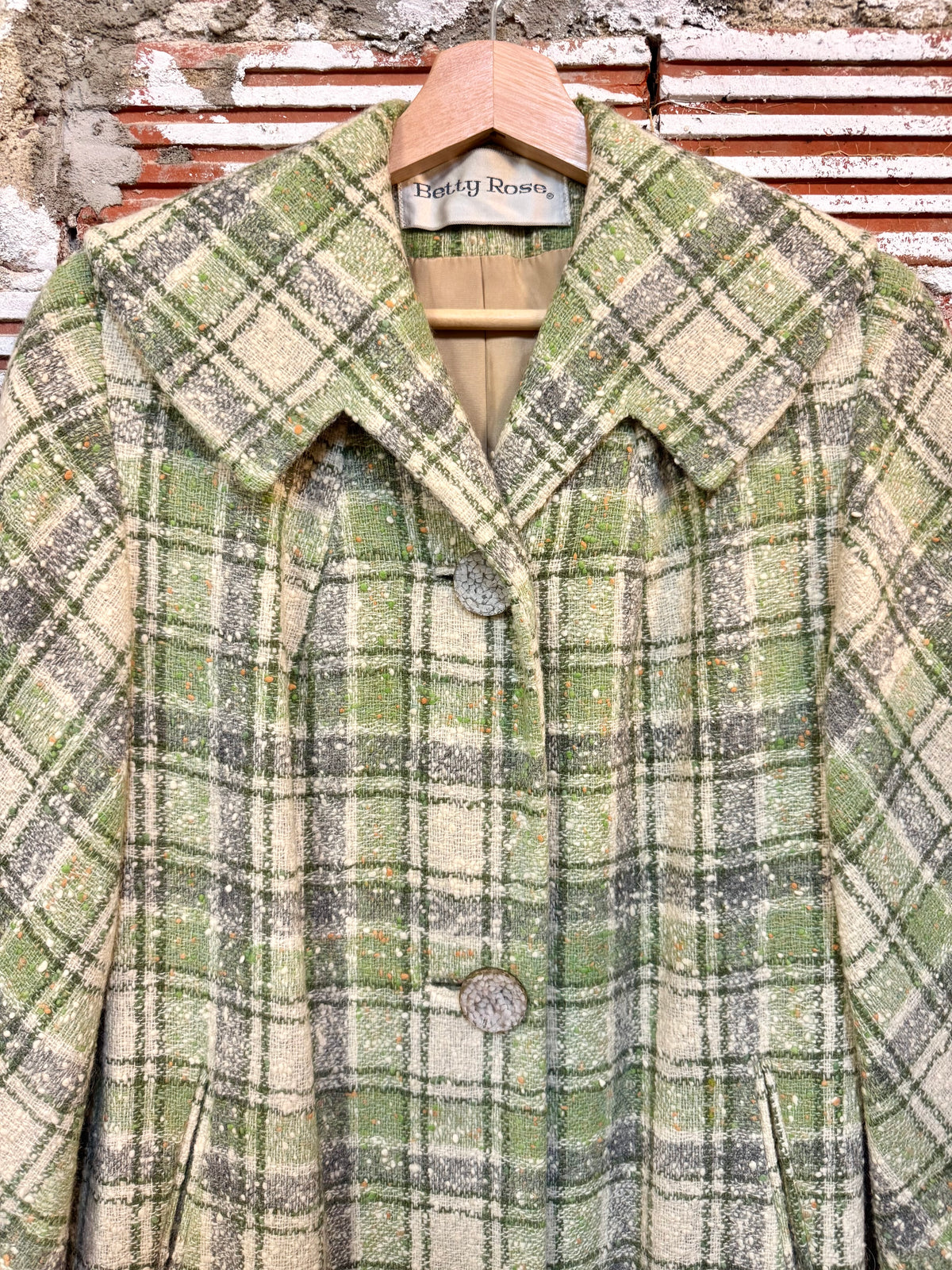 Vintage 1960s Betty Rose Green Plaid Wool Tweed Overcoat | S/M
