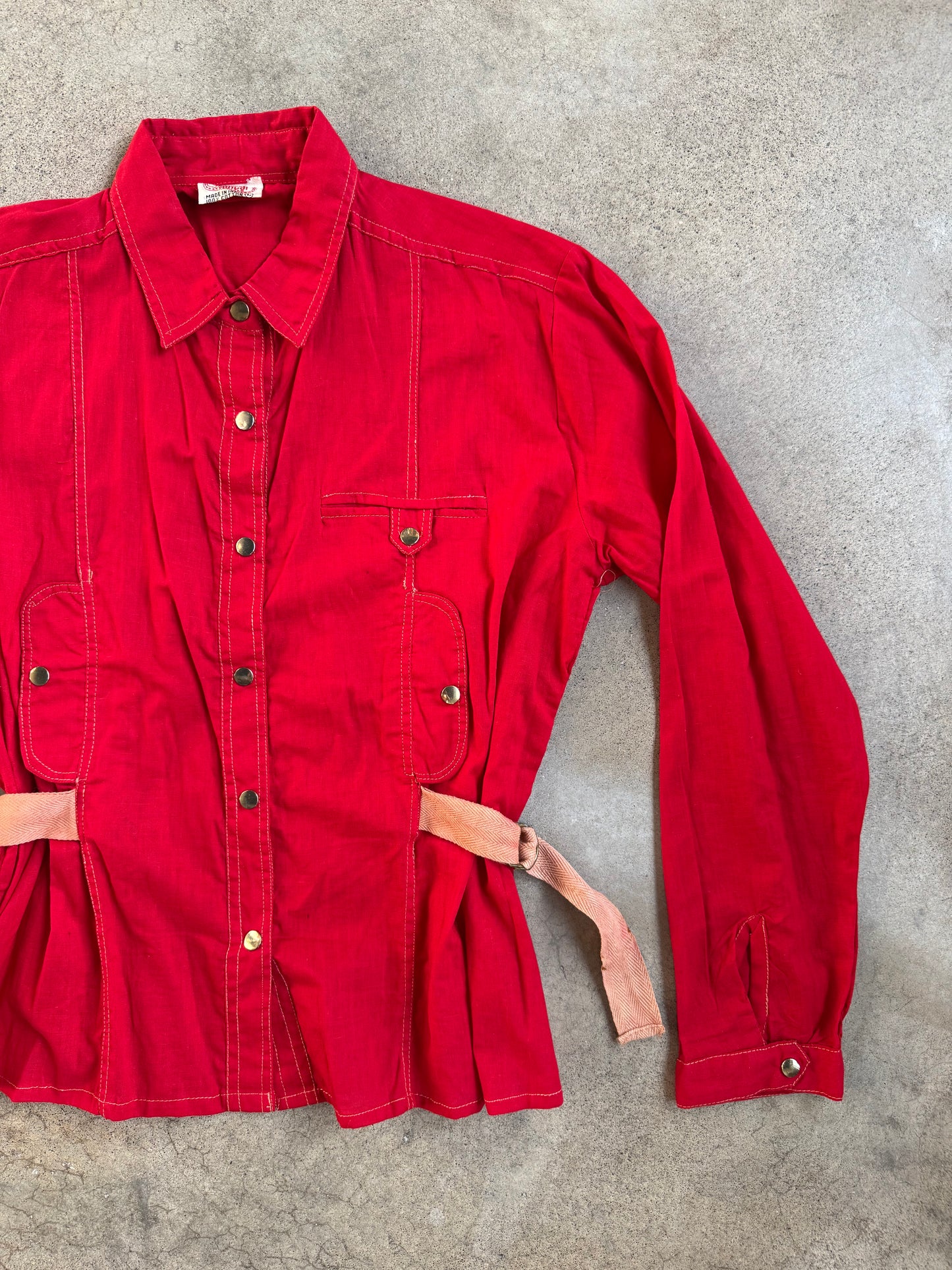 Vintage 1970s Mahudi Miami Red Cinch Waist Belt Cotton Shirt | Large