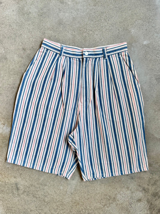 Vintage 1980s/90s Cambridge Country Store Striped Pleated Cotton Shorts | Waist 28”